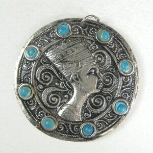 Vintage Egyptian Pharaoh Silvertone Pendant Blue Plastic Accents 2 inch Revival
